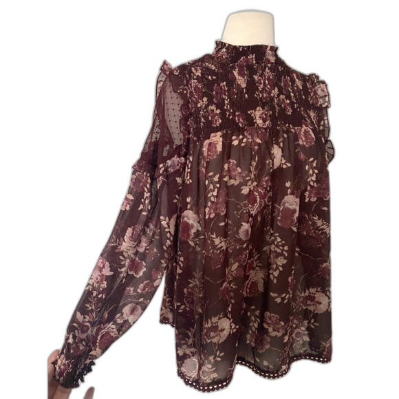 Taylor and Sage Printed Lace Illusion Dark Berry Bark Polyester Blouse Top Sz M - Picture 4 of 11